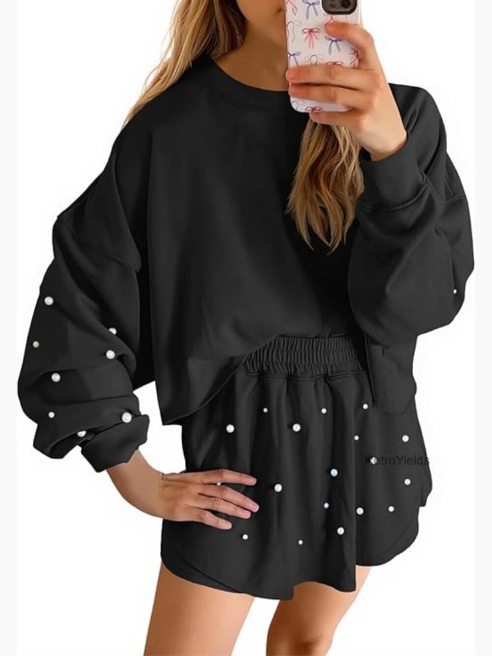 2 Piece Lounge Set Long Sleeve Crewneck Sweatshirt Skort Shorts